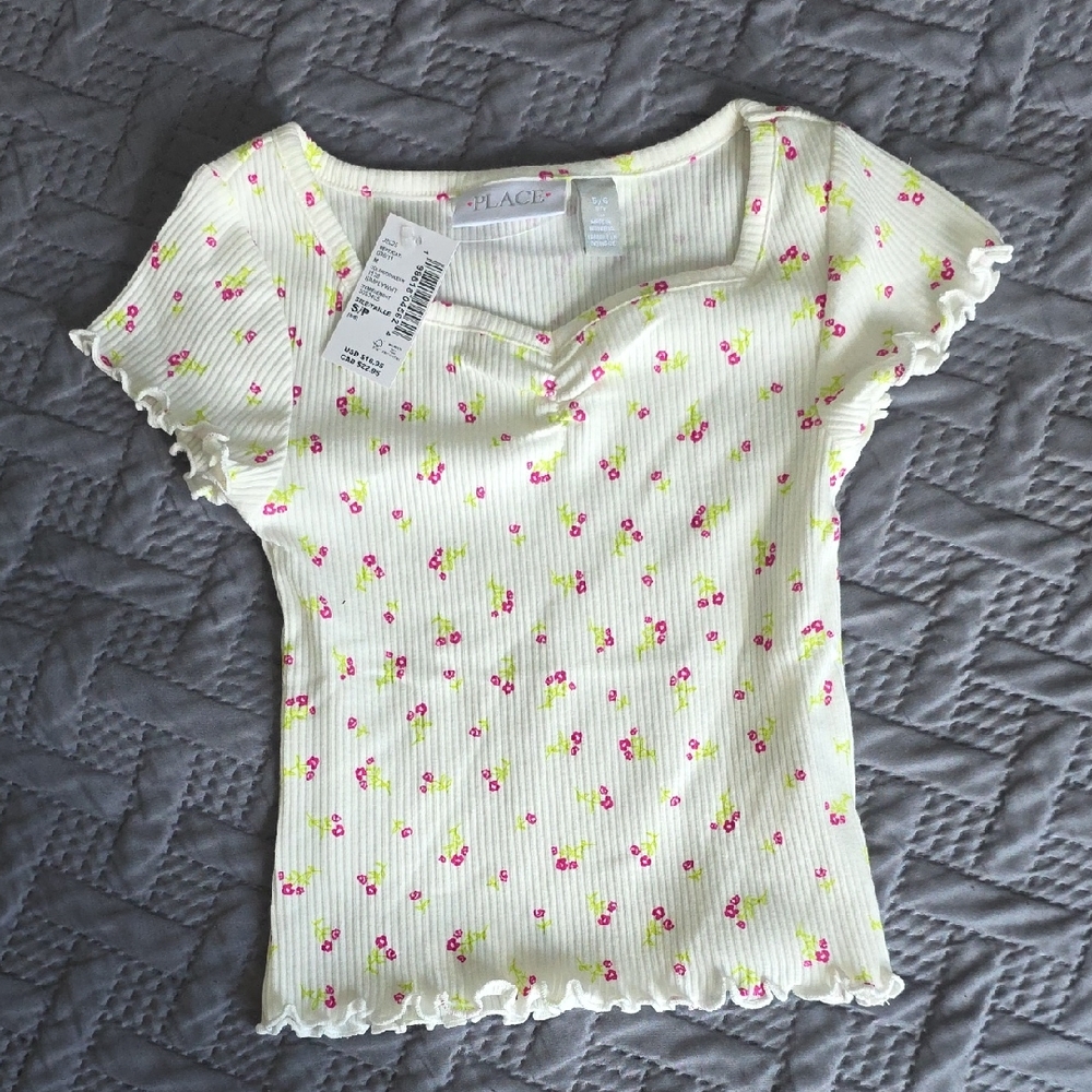 💚5/$20💚 Children's Place Cream Floral Ribbed Tee
